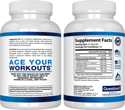 Arazo Nutrition Premium L Arginine - 1340mg Nitric Oxide Booster with L-Citrulline & Essential Amino Acids for Muscle Gain and Energy - Powerful NO Booster to Train Longer & Harder – 60 Capsules Gsupps Australia