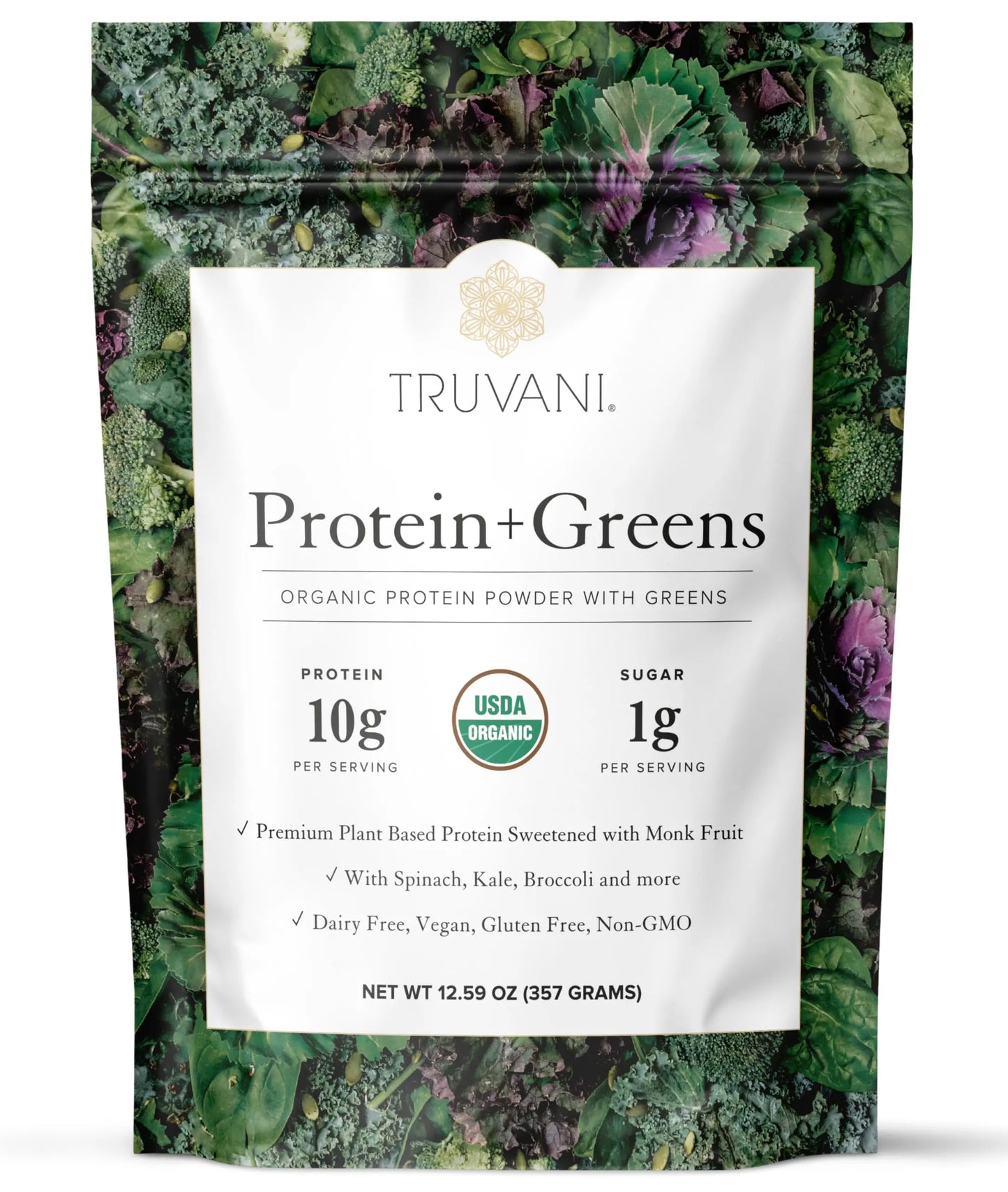 Truvani Protein + Greens Supplement | Spinach, Kale & Broccoli | 10g Organic Plant Based Protein | 20 Servings | USDA Organic | Gluten & Dairy Free Truvani