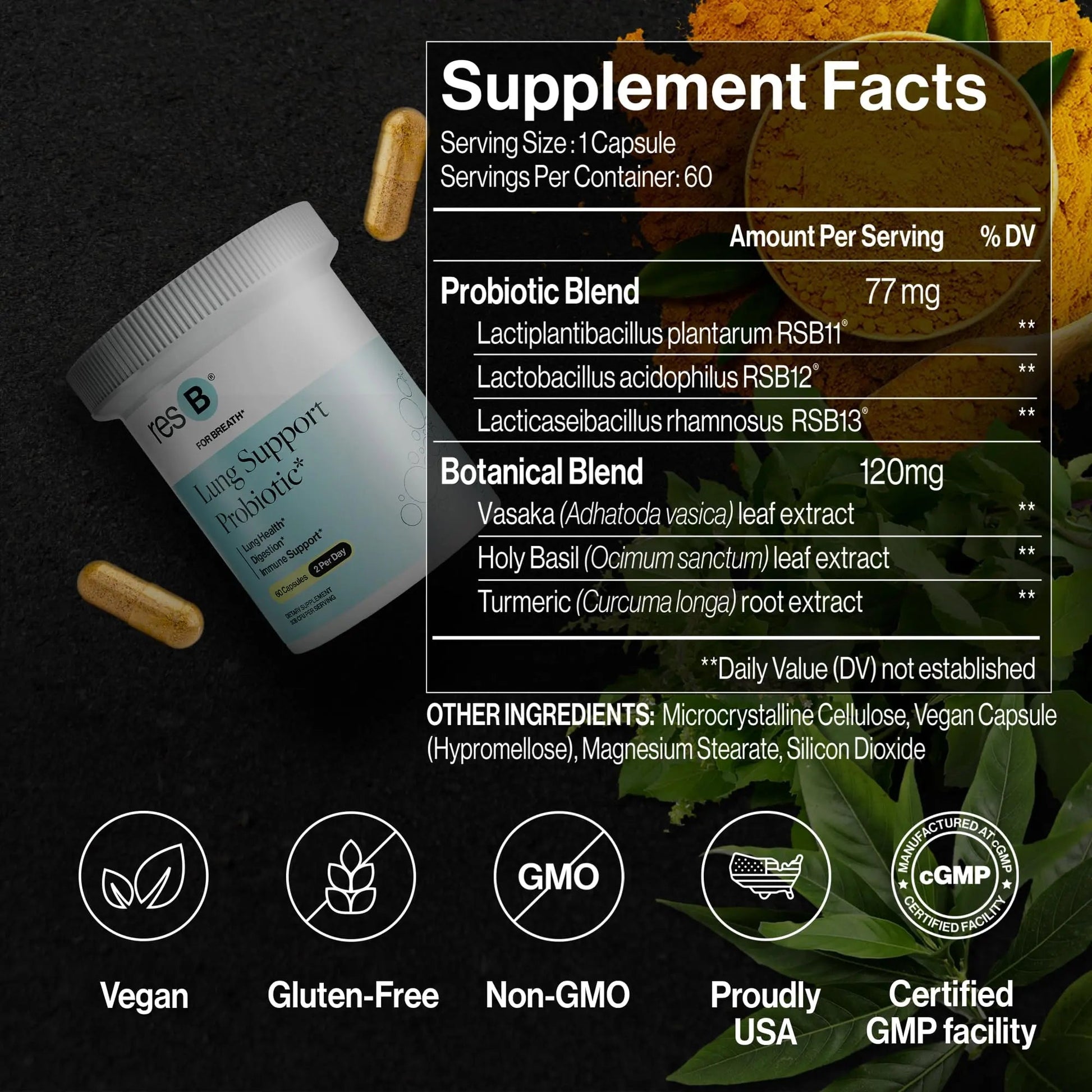 resB Lung Support Probiotic Supplement - Lung Health Supplement for Smokers, Gut Health, Immune & Digestive Support, Respiratory Care, Holy Basil & Turmeric, Clinically Trialed - 60 Capsules ResBiotic buy australia supplements