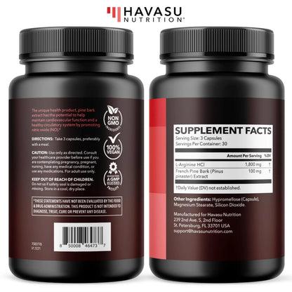 L-Arginine 1800mg and Pine Bark Extract 100mg - Nitric Oxide Supplement for Men - Performance Supplement for Men's Health - 90 Count - Endurance, Recovery Support HAVASU NUTRITION