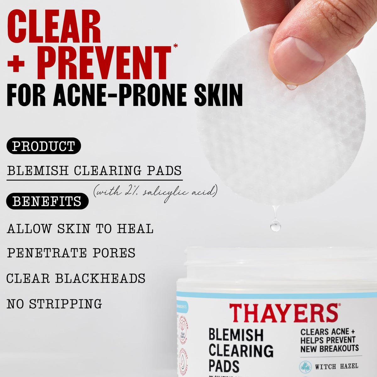 Thayers Blemish Clearing Acne Pads, Salicylic Acid Acne Treatment for Face, Pore Reducing, Exfoliating, and Soothing Skincare, Witch Hazel Toner Pads, 60 Ct THAYERS