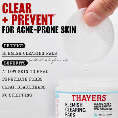 Thayers Blemish Clearing Acne Pads, Salicylic Acid Acne Treatment for Face, Pore Reducing, Exfoliating, and Soothing Skincare, Witch Hazel Toner Pads, 60 Ct THAYERS