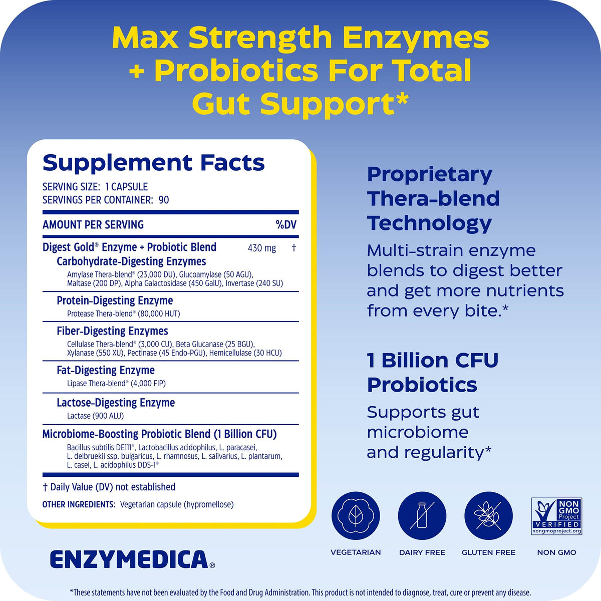 Enzymedica Digest Gold + Probiotics - Digestive Enzyme Supplement for Women & Men, Enzyme and Probiotic Capsules for Digestion, Gut Health Support, Enzymedica