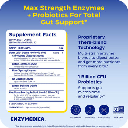 Enzymedica Digest Gold + Probiotics - Digestive Enzyme Supplement for Women & Men, Enzyme and Probiotic Capsules for Digestion, Gut Health Support, Enzymedica
