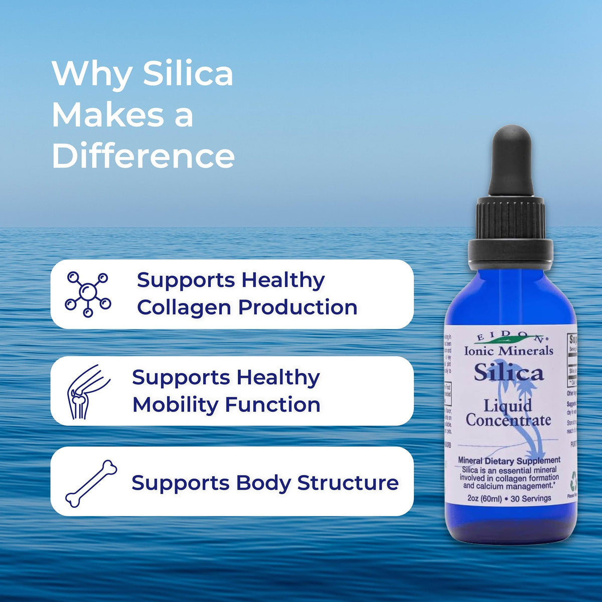 Eidon Liquid Silica Mineral Concentrate - Silica Supplement for Hair, Skin, and Nails, Supplement Drops to Support Collagen Production & Hair Loss Eidon Ionic Minerals