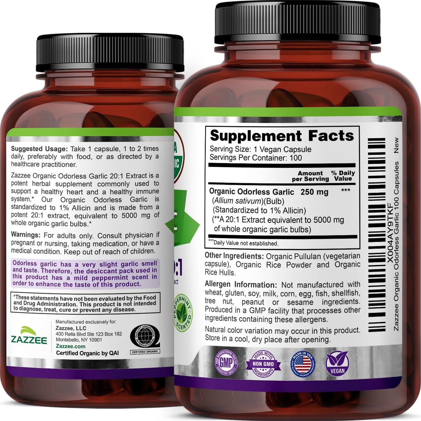Zazzee USDA Organic Odorless Garlic 20:1 Extract, 1% Allicin, 100 Vegan Capsules, 3+ Month Supply, Allium Sativum, Immune, Circulation & Heart Health Support Zazzee