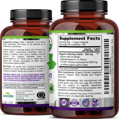 Zazzee USDA Organic Odorless Garlic 20:1 Extract, 1% Allicin, 100 Vegan Capsules, 3+ Month Supply, Allium Sativum, Immune, Circulation & Heart Health Support Zazzee