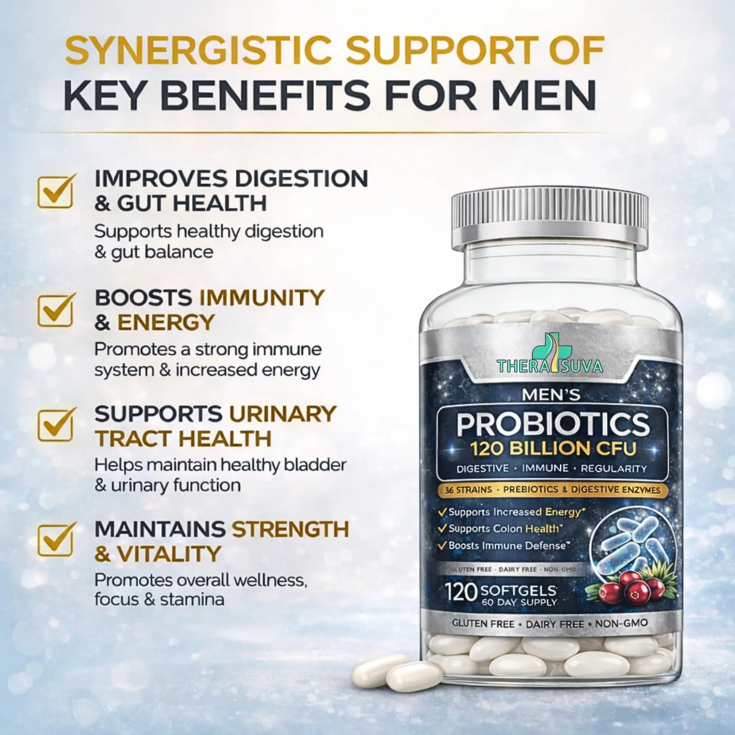 Men’s Advanced Probiotics 120 Billion CFU - 36 Strains + Prebiotics, Enzymes & Veggie Blend for Gut, Immune & Colon Health - 2 Month Supply, 120 Softgels TheraSuva