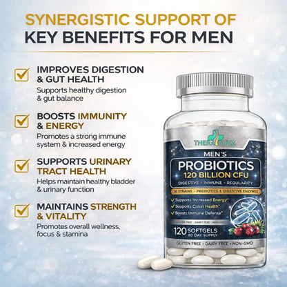 Men’s Advanced Probiotics 120 Billion CFU - 36 Strains + Prebiotics, Enzymes & Veggie Blend for Gut, Immune & Colon Health - 2 Month Supply, 120 Softgels TheraSuva