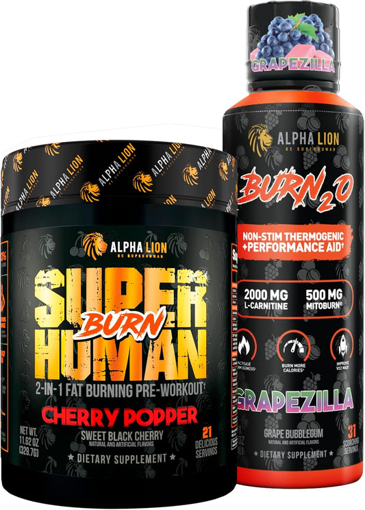 ALPHA LION Stubborn Fat Loss Stack – Superhuman Burn Pre Workout + Burn2O Liquid L-Carnitine 2000mg (Grapezilla) Non-Stim Thermogenic – Day & Night Metabolism Booster & Energy Stack for Men and Women