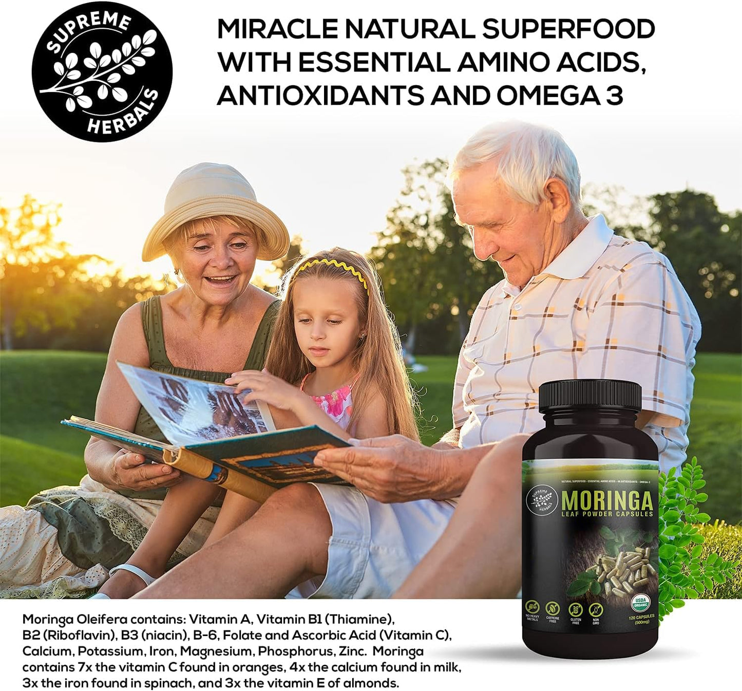SUPREME HERBALS, 100% Raw and Pure Moringa Leaf Powder Capsules. Organic Certified Moringa Leaf. Natural Superfood with Essential Amino Acids SUPREME HERBALS