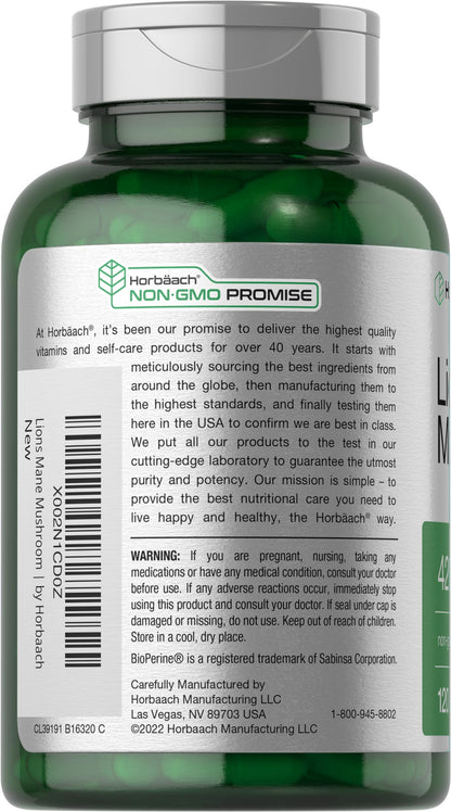 Horbäach Lions Mane Mushroom Extract | 120 Capsules | Vegetarian, Non-GMO, Gluten Free Supplement Horbäach