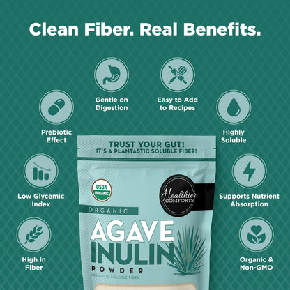 Healthier Comforts Organic Inulin Powder (12 oz) from Blue Agave | Soluble Prebiotic Fiber, Gentle on Digestion, Non-GMO | Perfect for Coffee, Baking & Cooking Healthier Comforts