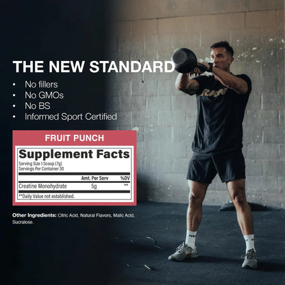 RAW Nutrition Creatine Monohydrate Powder, Fruit Punch (30 Servings) - Micronized Creatine Monohydrate Supplement for Workout Performance, Build Muscle & Strength RAW
