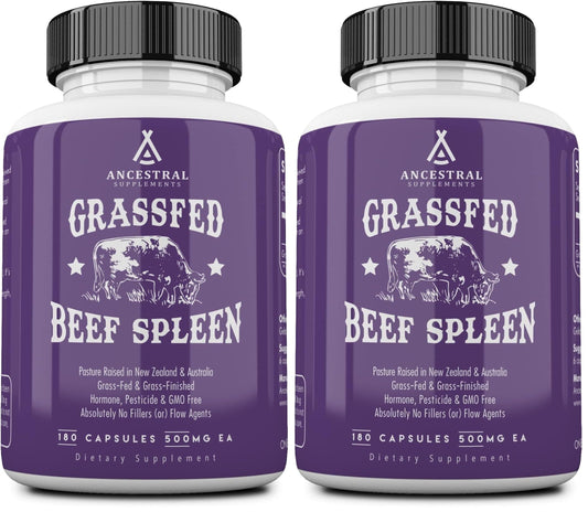 Ancestral Supplements Grass Fed Beef Spleen Supplement, 3000mg Beef Organ Spleen Support Formula Promotes Digestive, Immune, Iron, Energy and Allergy Health, Non GMO, 180 Capsules