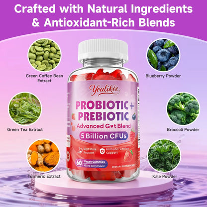 Youlikee 2 Pack Prebiotic + Probiotic Gummies for Women and Men, Probiotic Gummies Supports Gut Health, 5 Billion CFUs with Fibers, Youlikee