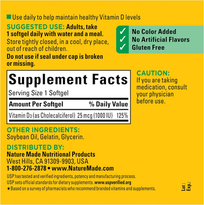 Nature Made Vitamin D3 1000 IU (25 mcg), 300 Vitamin D Softgels | Vitamin D Supplement for Immune, Bone, Teeth and Muscle Health Support, 300 Day Supply Gsupps Australia