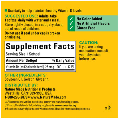 Nature Made Vitamin D3 1000 IU (25 mcg), Vitamin D Supplement for Bone, Teeth, Muscle and Immune Health Support, 300 Softgels, 300 Day Supply Nature Made