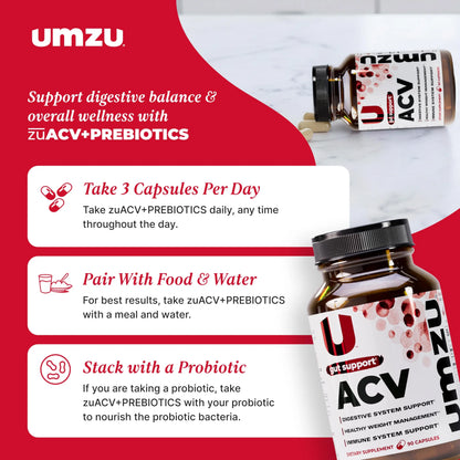UMZU zuACV Apple Cider Vinegar + Prebiotics Supplement, (30 Day Supply) – ACV & Inulin Fiber Blend – Gut Health Support with ACV Capsules UMZU