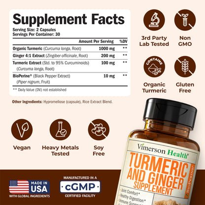 Turmeric and Ginger Supplement with Black Pepper for Joint Support, Digestive & Gut Health - Contains Organic Turmeric with Ginger Root Supplement Vimerson Health