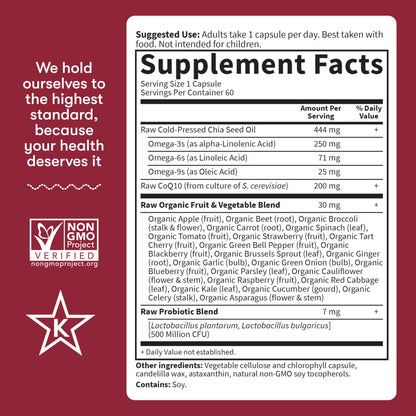 Garden of Life CoQ10 200mg, Vegetarian Omega 3 6 9 Supplement Raw Co Q 10 Chia Seed Oil, Whole Food Nutrition with Antioxidant Support Garden of Life