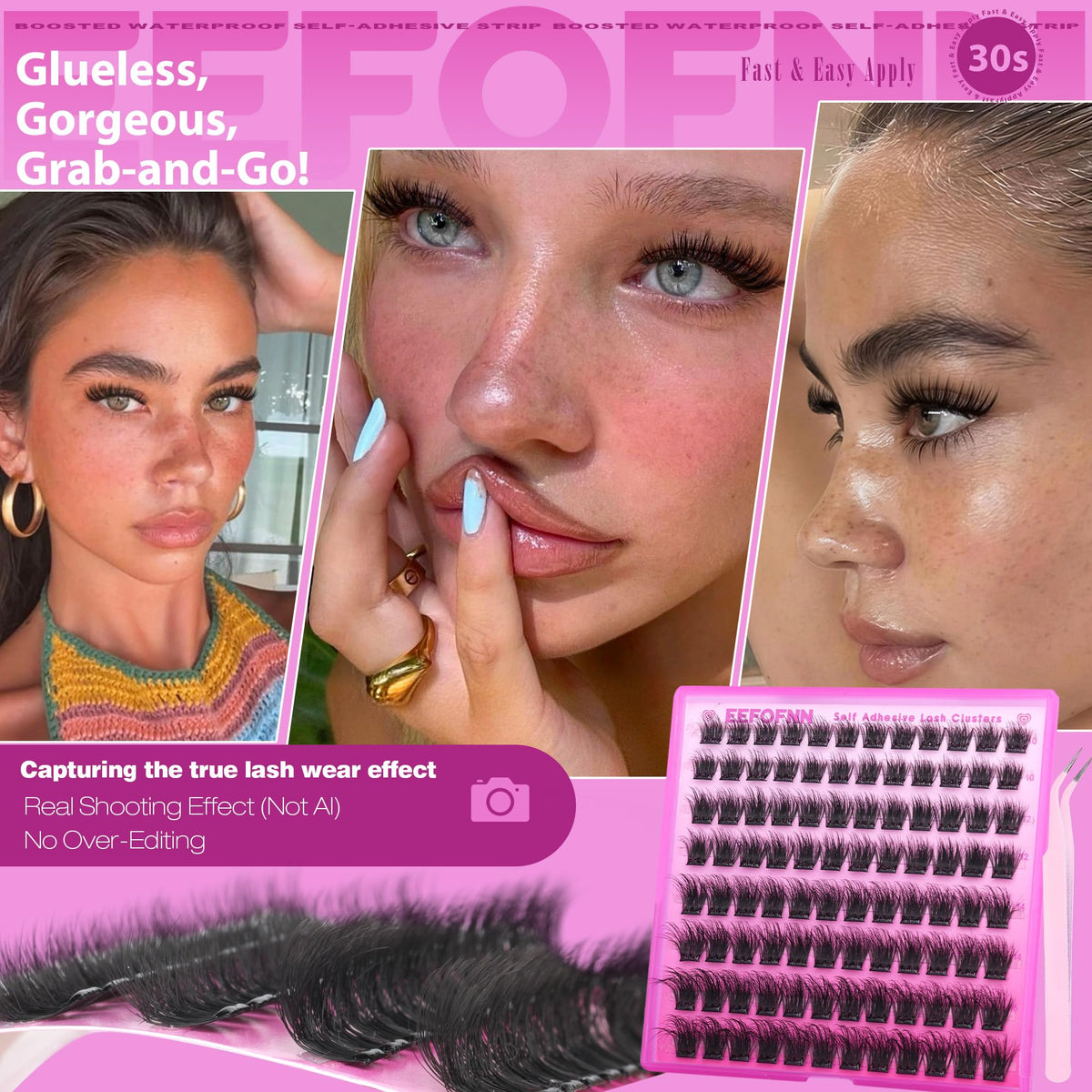 Self Adhesive Eyelashes Fluffy Self Adhesive Lash Clusters No Glue Eyelash Clusters Wispy Glueless Cluster Eyelash Extensions 10-16mm Individual Lashes DIY Lash Extension Kit with Anti-Stick Tweezers Eefofnn