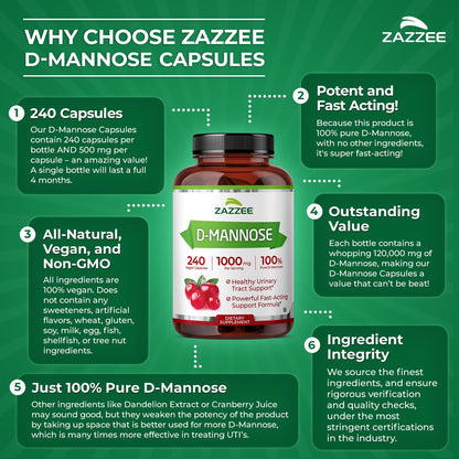 Zazzee D-Mannose, 1000 mg per Serving, 180 Vegan Capsules, 3 Month Supply | Potent & Fast-Acting, Certified Kosher, 100% Pure, All-Natural Urinary Tract Health Support, 100% Vegetarian, Non-GMO Gsupps Australia