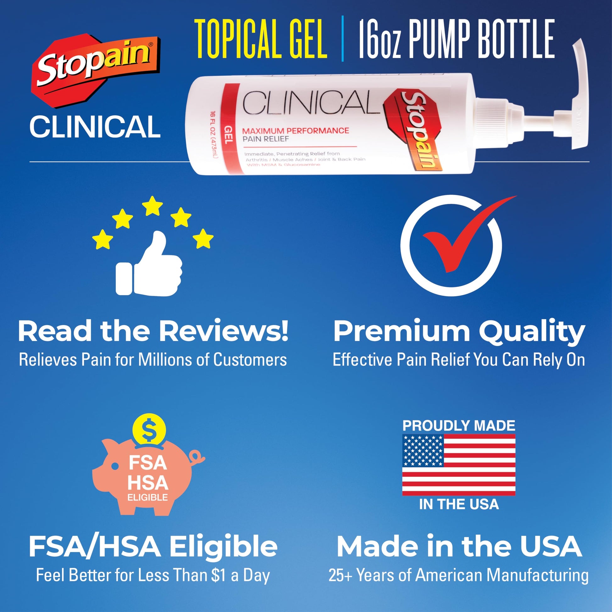 Stopain Clinical Pain Relief Gel 16 oz - Professional Formula for Arthritis, Knee, Back & Muscle Pain - Maximum Strength Gel for Joint & Nerve Pains with 10% Menthol Plus Glucosamine - Made in USA Stopain buy australia supplements