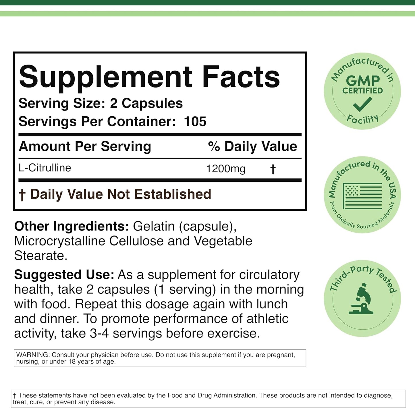 L Citrulline Capsules - 99% Tested Purity - 1,200mg Per Serving (Nitric Oxide Booster) for Muscle Recovery and Muscle Pump, 210 Count by Double Wood