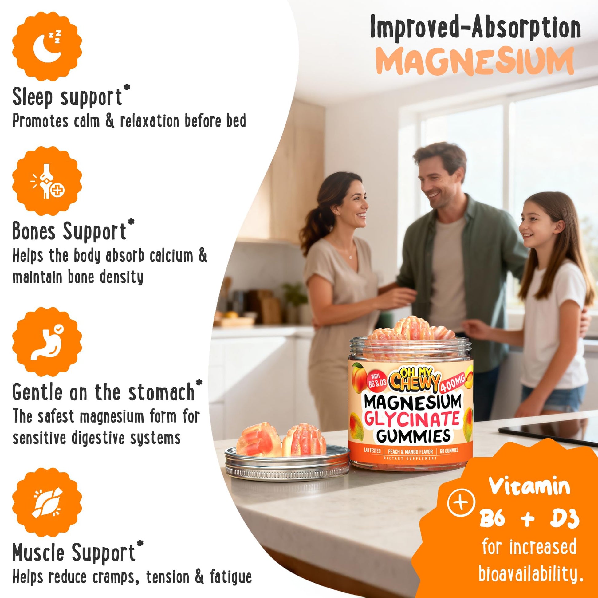 Center-Filled Magnesium Glycinate Gummies 400MG - High Absorption for Kids, Teens & Adults - Supplement for Sleep, Calm & Muscle Relaxation with B6 & D3 - Gluten Free & Vegan Friendly - 60 Count OH MY CHEWY buy australia supplements