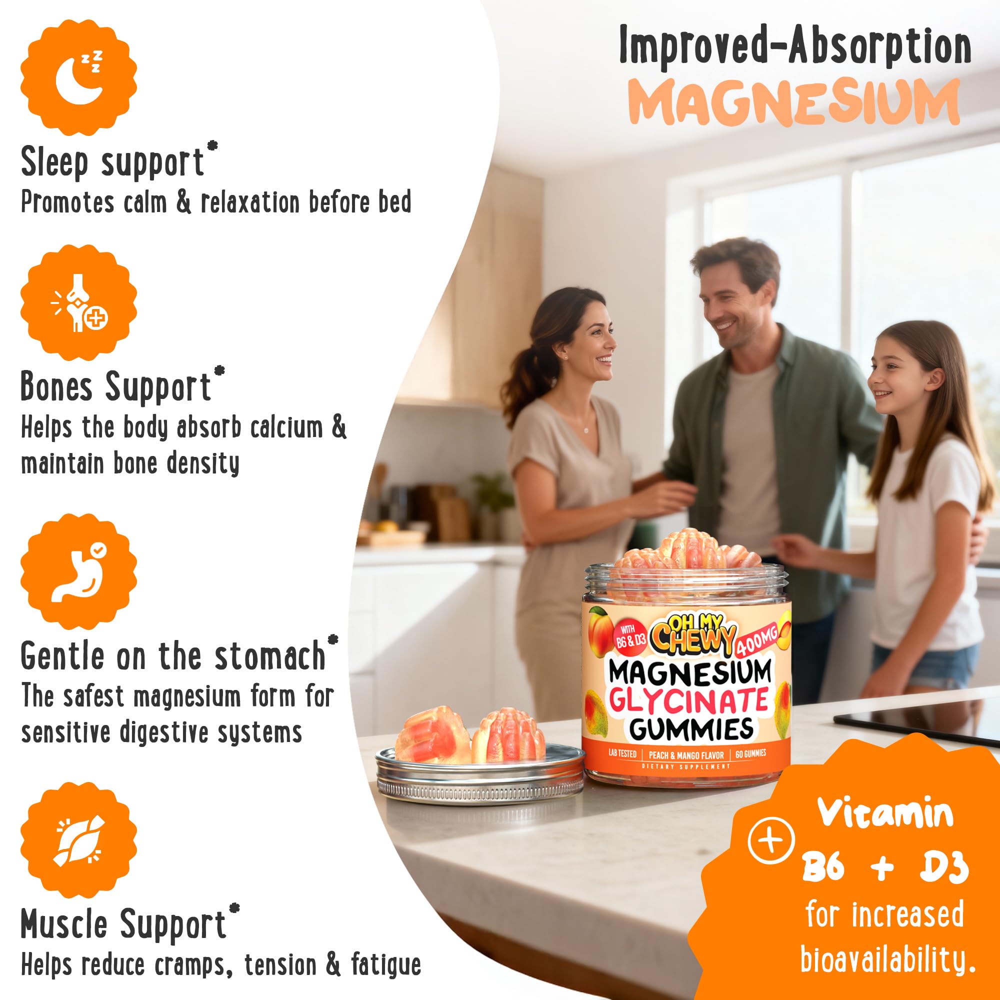 Center-Filled Magnesium Glycinate Gummies 400MG - High Absorption for Kids, Teens & Adults - Supplement for Sleep, Calm & Muscle Relaxation with B6 & D3 - Gluten Free & Vegan Friendly - 60 Count OH MY CHEWY buy australia supplements