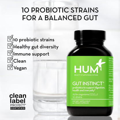 HUM Gut Instinct Daily Probiotics for Women and Men, Digestive Health, Lactobacillus, Bifidobacterium Strains for Immune Support, Probiotic Supplement for Healthy Gut Diversity, 30 Capsules