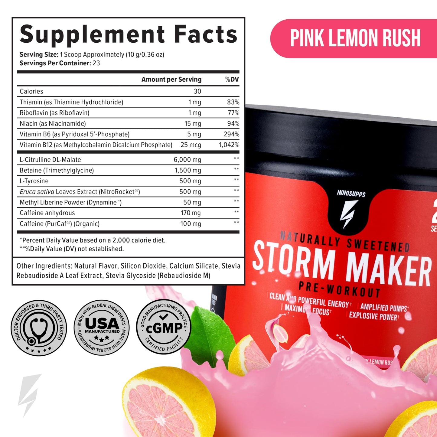 InnoSupps Storm Maker Pre Workout - Long Lasting Energy, Organic Caffeine, Green Tea Extract, L-Citruline, No Artificial Sweeteners (Pink Lemon Rush)