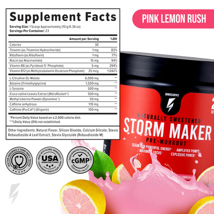 InnoSupps Storm Maker Pre Workout - Long Lasting Energy, Organic Caffeine, Green Tea Extract, L-Citruline, No Artificial Sweeteners (Pink Lemon Rush)