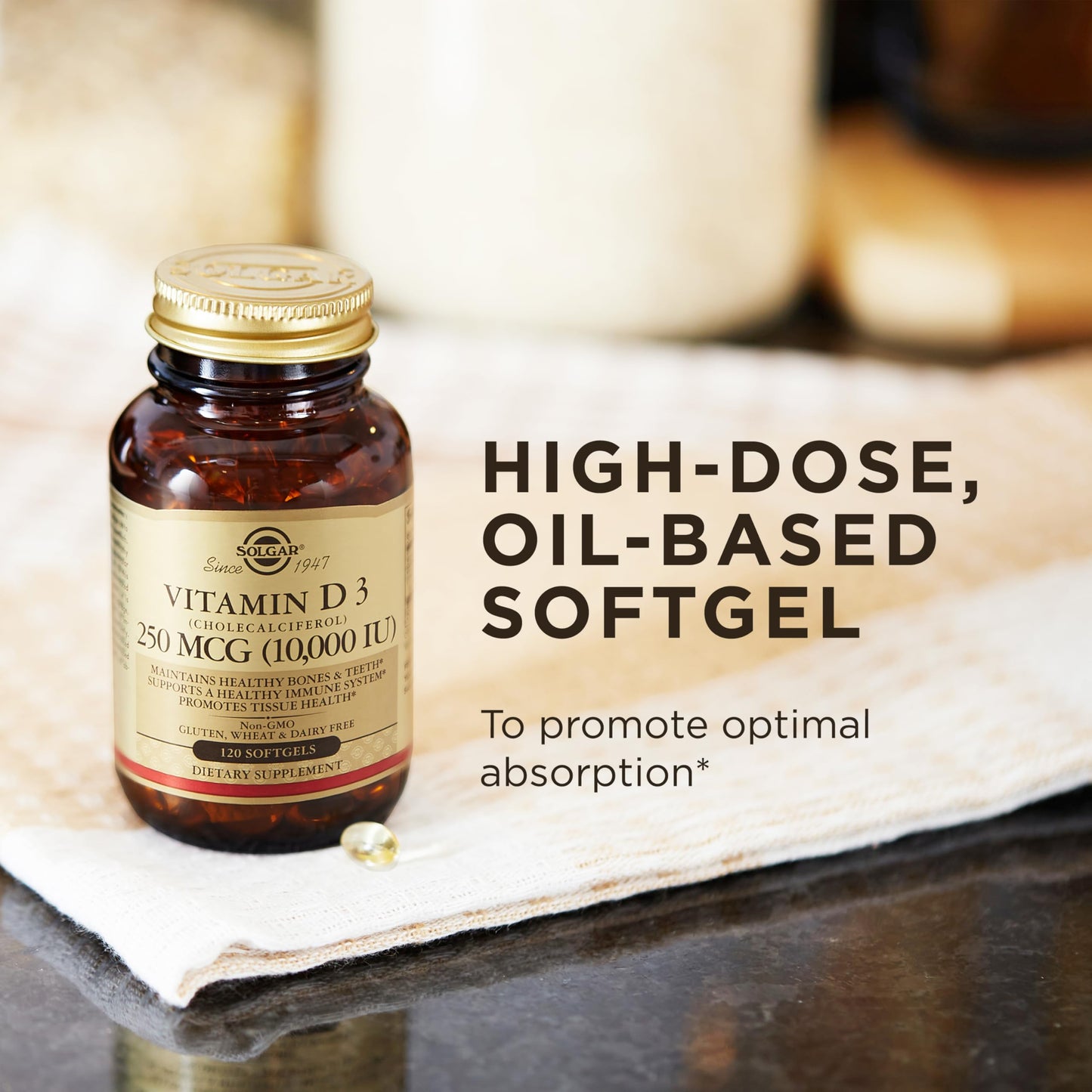 Solgar Vitamin D3 (Cholecalciferol) 250 MCG (10,000 IU), 120 Softgels - Helps Maintain Healthy Bones & Teeth - Immune System Support Solgar