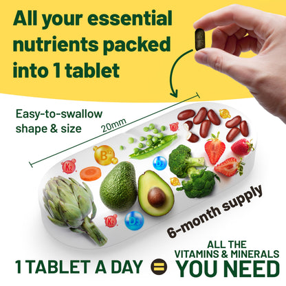 Vegan Vitality Multivitamins & Minerals for Women and Men with High Strength Vitamin B12, D3 & K2. 180 Vegan Multivitamin Tablets - 6 Months Supply Vegan Vitality