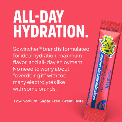 Sqwincher Zero Qwik Stik, Fruit Punch, Sugar Free, Low Calorie, Low Sodium Electrolyte Powder Hydration Drink Mix, .11 0z Packet (Pack of 50) Sqwincher