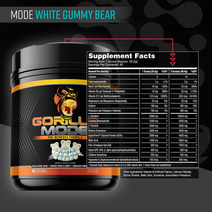 Gorilla Mode Creatine Monohydrate Micronized Powder & Pre Workout (White Gummy Bear)- Massive Pumps | Laser Focus Energy | Improved Muscle Size | Power Output and Strength