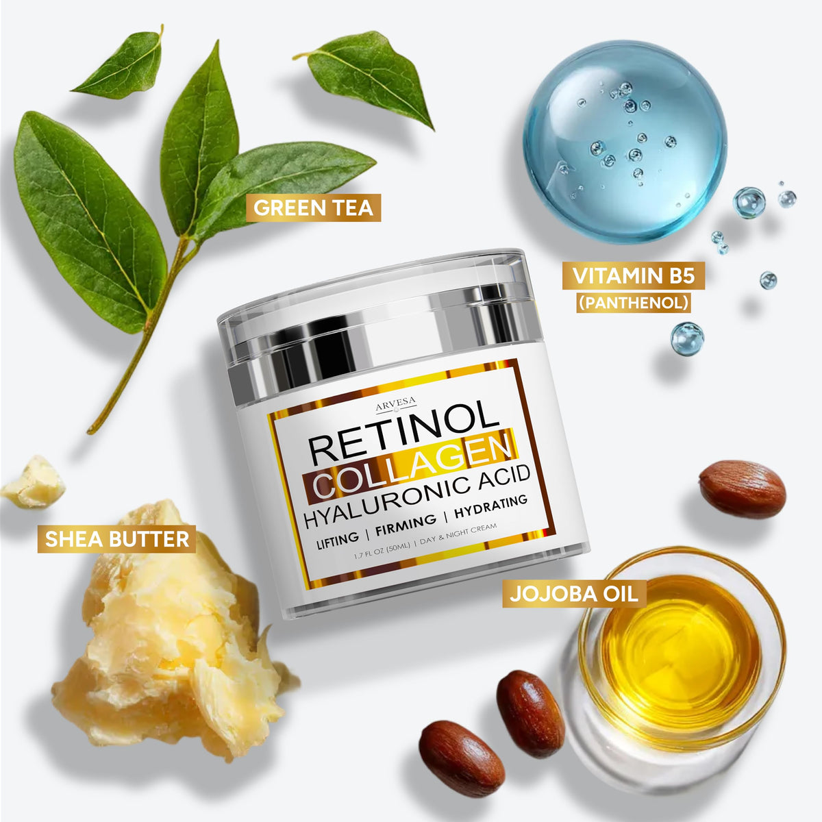 Retinol Cream for Face with Collagen & Hyaluronic Acid, Non-Greasy Arvesa