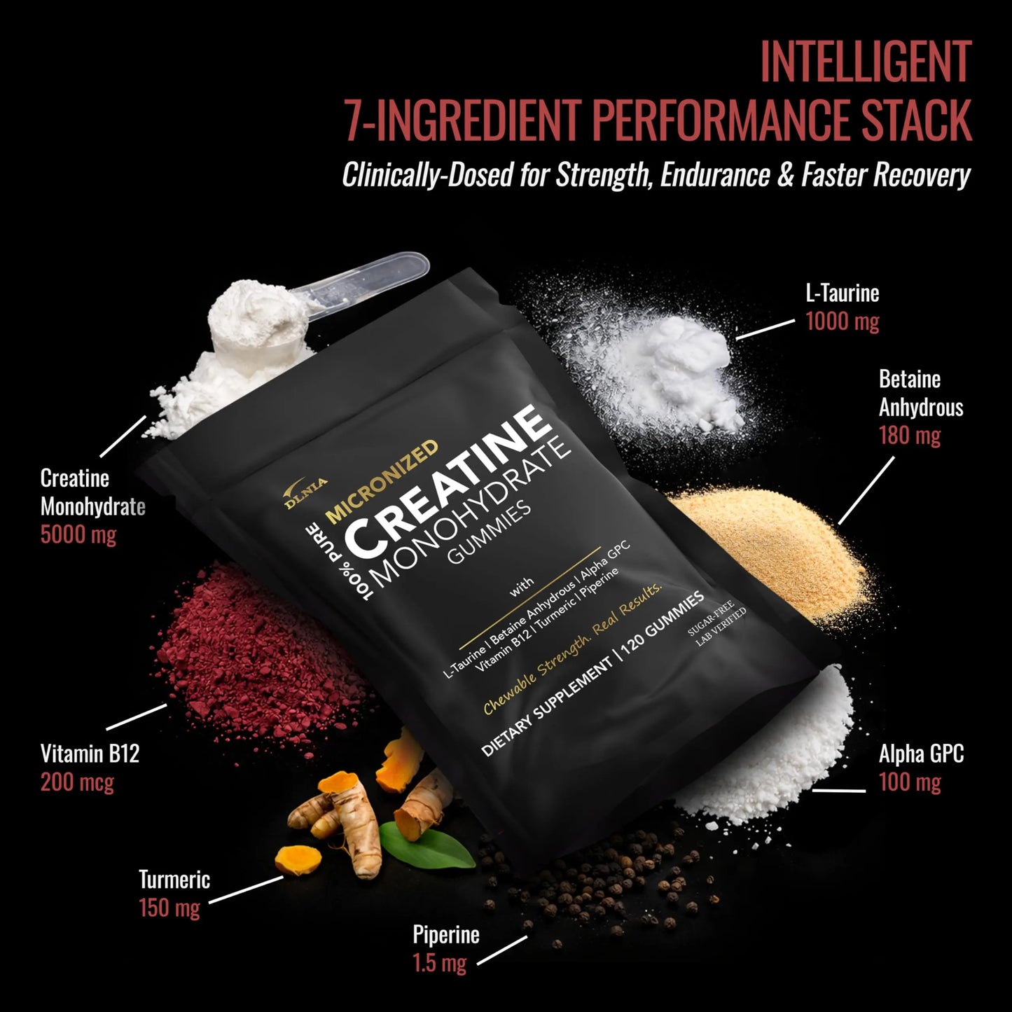 Creatine Monohydrate Gummies for Men & Women - Sugar Free & Vegan Advanced Formula W/L-Taurine + Vitamin B12 - for Muscle Strength, Muscles Builder, Recovery, DLNIA
