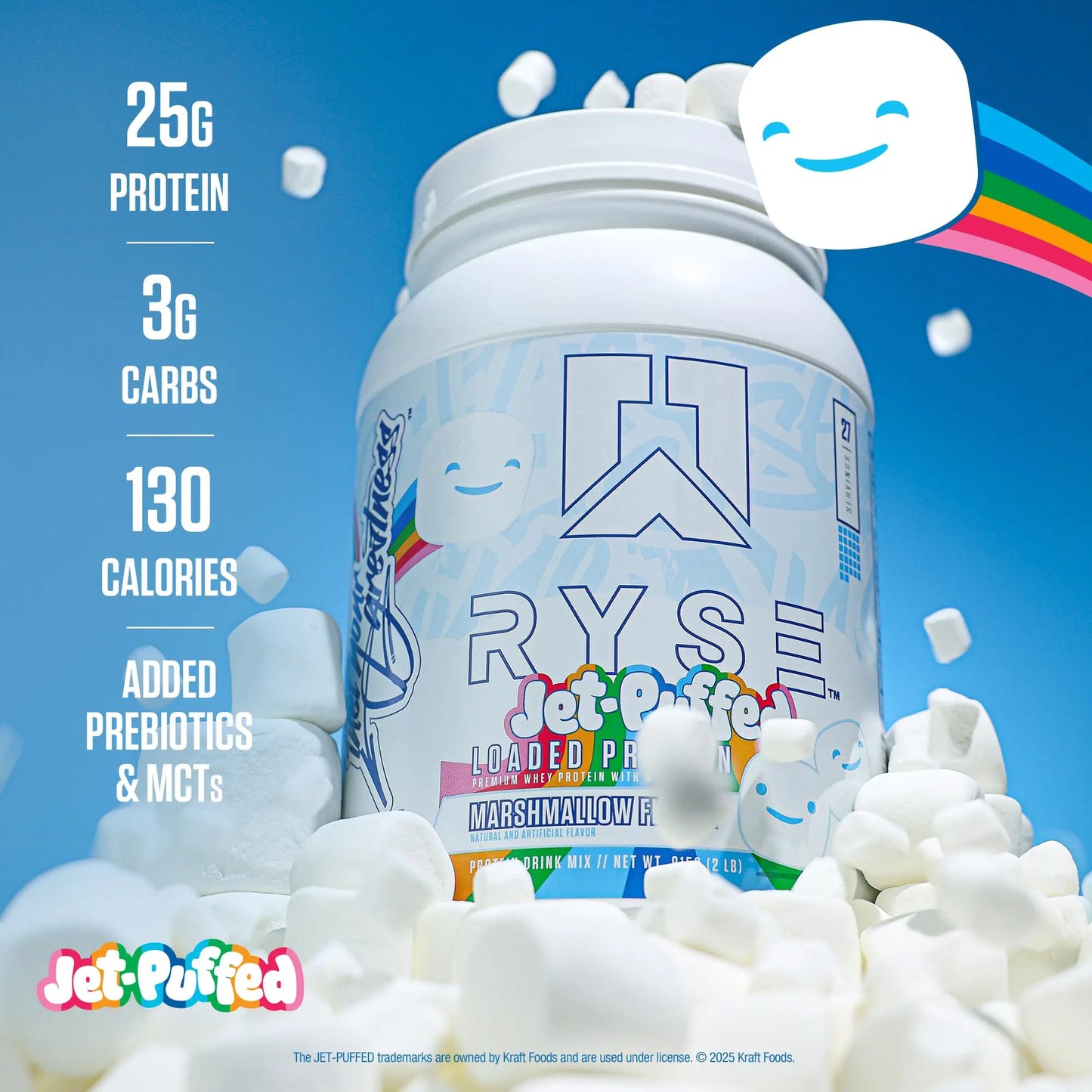 RYSE Loaded Protein Powder - Jet-Puffed Marshmallow - 25g Whey Protein Isolate & Concentrate with Prebiotic Fiber & MCTs - Low Carb, Low Sugar, Digestive-Friendly - 27 Servings / 2 lb Tub RYSE Up Supplements
