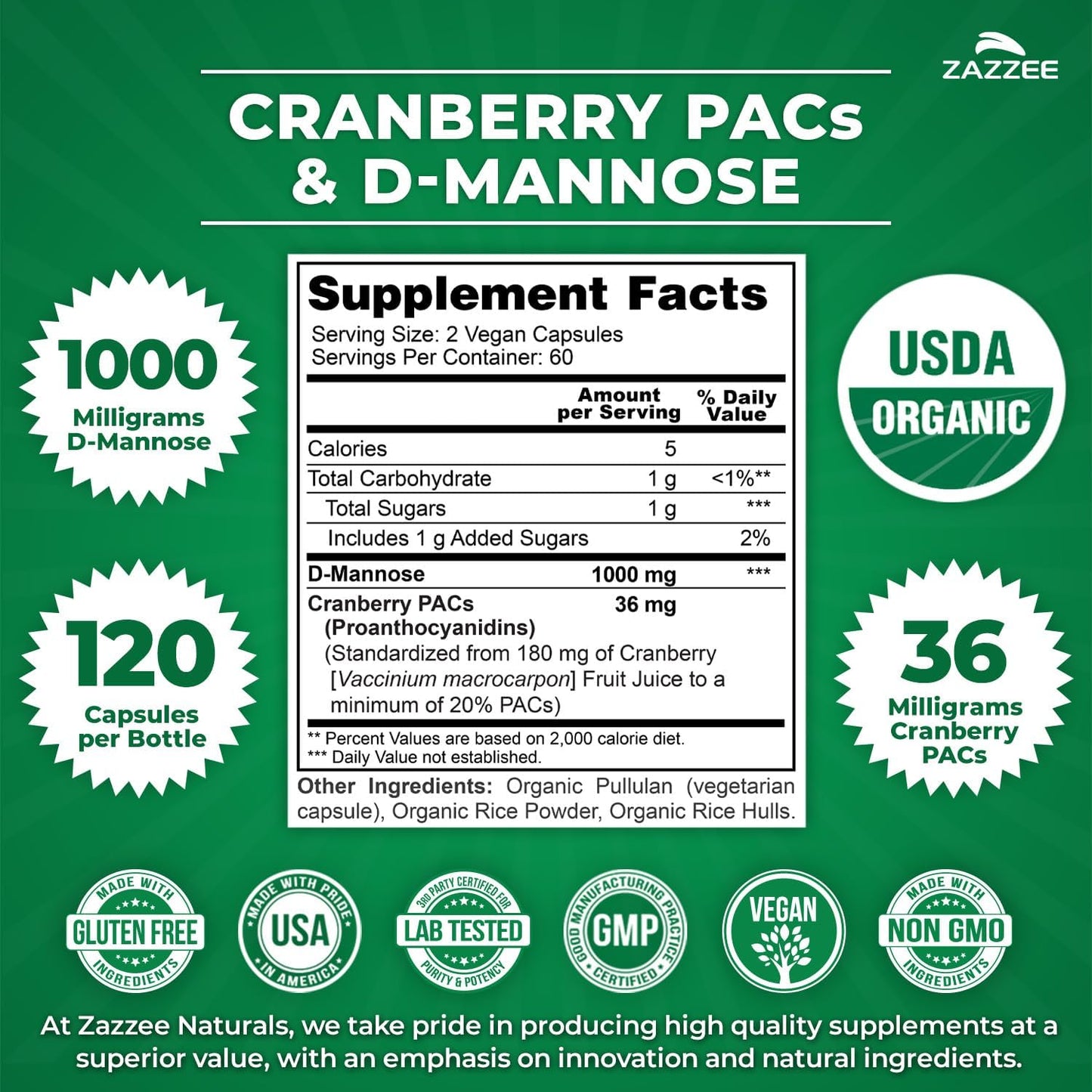Zazzee USDA Organic Cranberry PACs & D-Mannose, 36 mg PACs per Serving | 1000 mg D-Mannose per Serving, 120 Vegan Capsules, 2 Month Supply, Urinary Tract & Bladder Support, Non-GMO, Made in the USA Gsupps Australia
