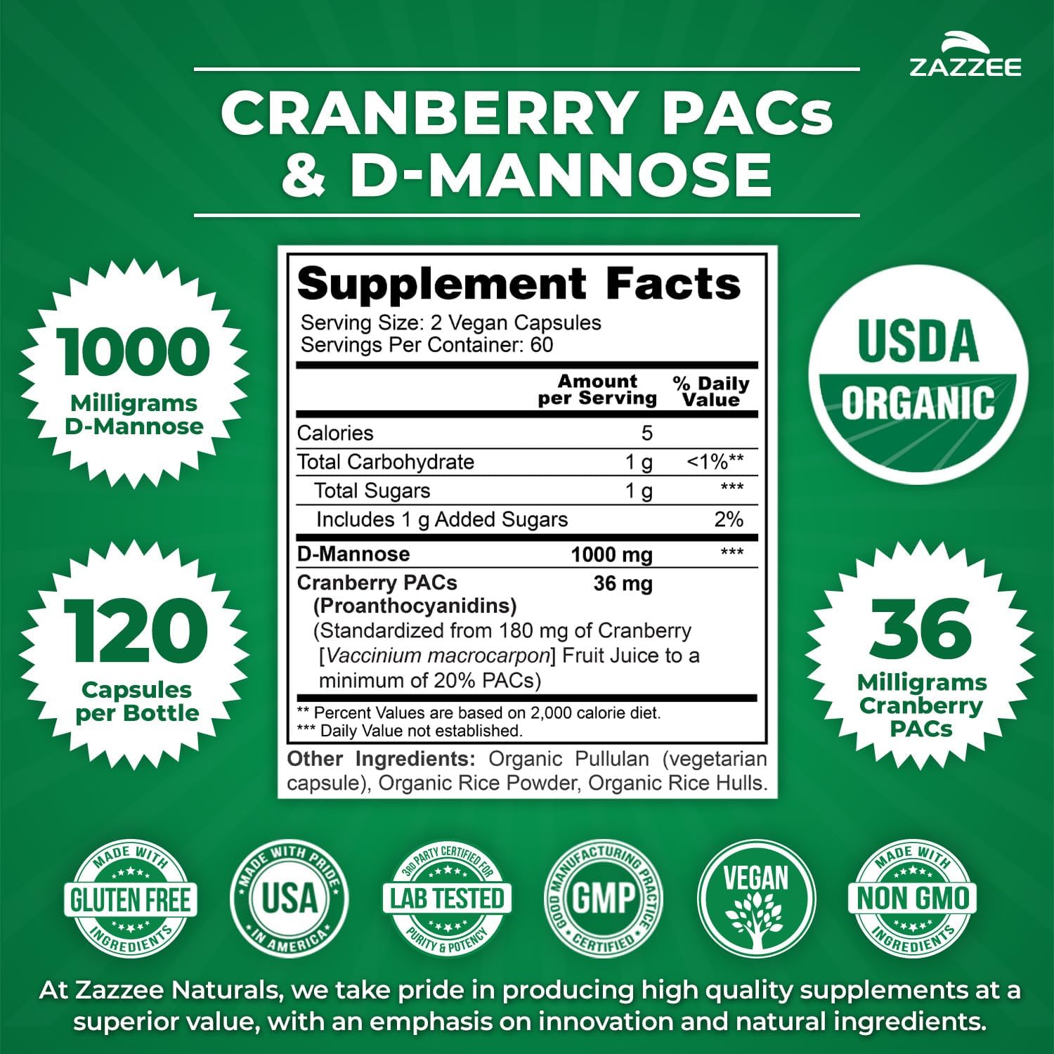 Zazzee USDA Organic Cranberry PACs & D-Mannose, 36 mg PACs per Serving | 1000 mg D-Mannose per Serving, 120 Vegan Capsules, 2 Month Supply, Urinary Tract & Bladder Support, Non-GMO, Made in the USA Gsupps Australia