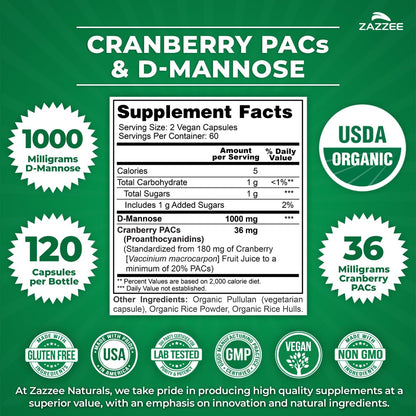 Zazzee USDA Organic Cranberry PACs & D-Mannose, 36 mg PACs per Serving | 1000 mg D-Mannose per Serving, 120 Vegan Capsules, 2 Month Supply, Urinary Tract & Bladder Support, Non-GMO, Made in the USA Gsupps Australia