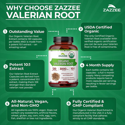 Zazzee USDA Organic Valerian Root 10:1 Extract, 120 Vegan Capsules | 4 Month Supply, Relaxation, Calm & Mood Support, Valeriana Officinalis, All-Natural, Non-GMO, Made in the USA Gsupps Australia