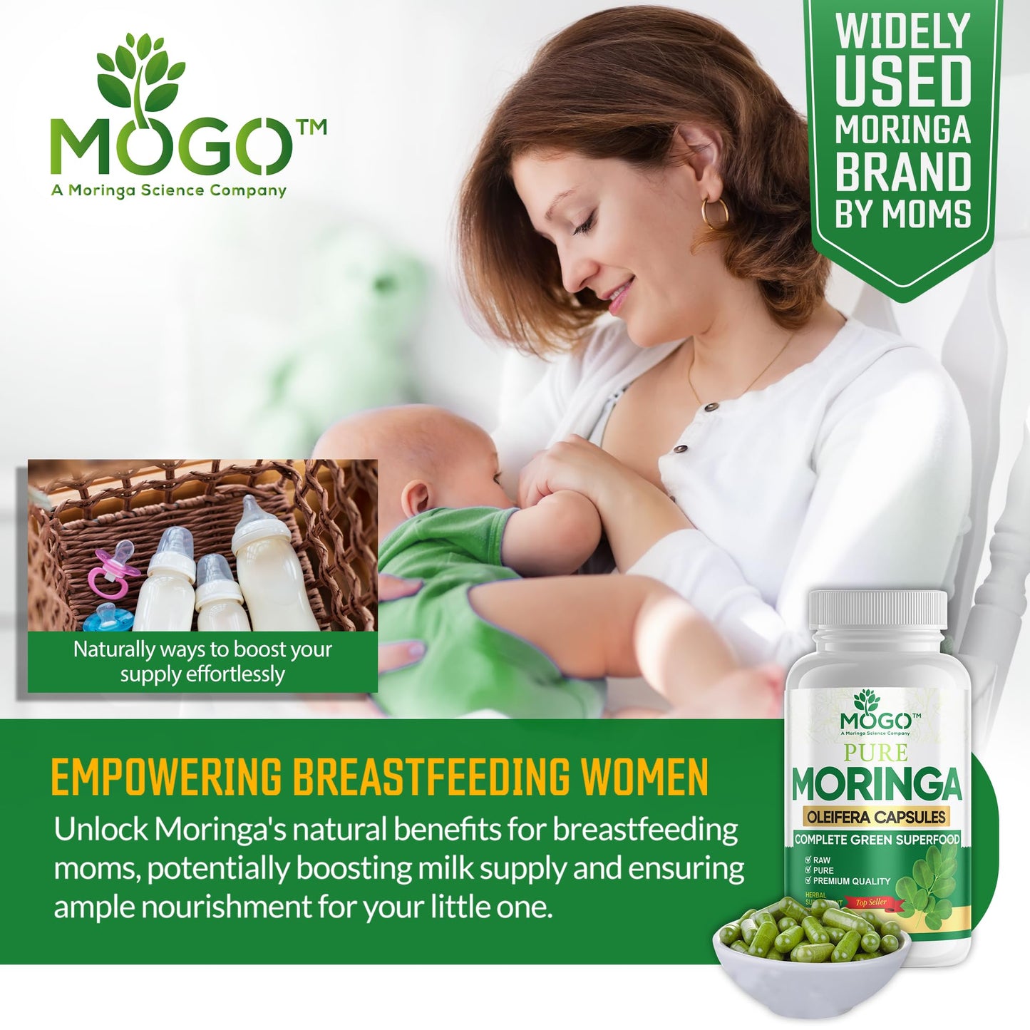 MOGO Moringa Capsules -180 Ct| Boost Energy, Immune, Gut, Joint Support | Made with Pure Organic Moringa Powder Organic Capsules | Made in USA MOGO