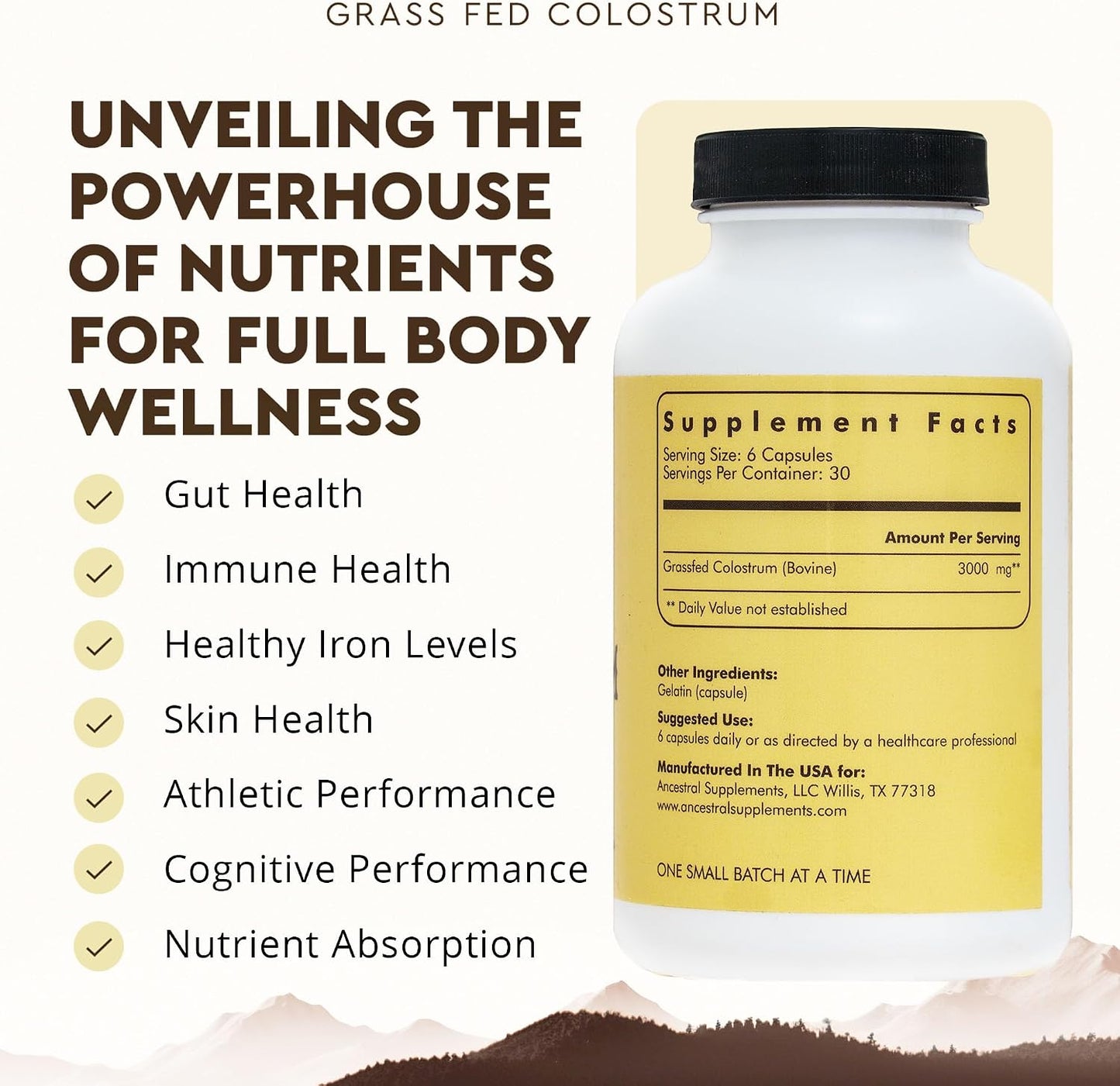 Ancestral Supplements Grass Fed Beef Colostrum Supplement, 3000 mg, Offers Immune Support and Promotes Gut Health, Athletic Performance, Healthy Iron Levels, Growth and Repair, Non GMO, 180 Capsules