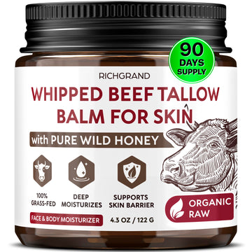 RICHGRAND Beef Tallow for Skin - Whipped Tallow and Honey Balm - Grass Fed Beef Tallow for Face, Daily Moisturizer & Body Butter