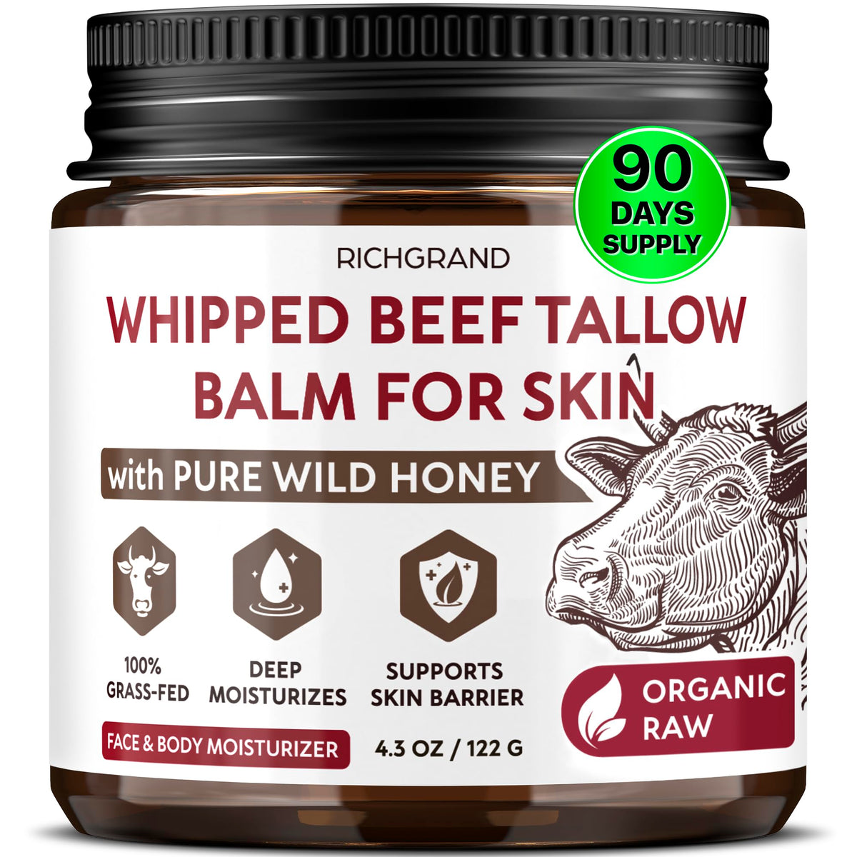 RICHGRAND Beef Tallow for Skin - Whipped Tallow and Honey Balm - Grass Fed Beef Tallow for Face, Daily Moisturizer & Body Butter - Natural Non Comedogenic Skincare (4.3 oz) RICHGRAND