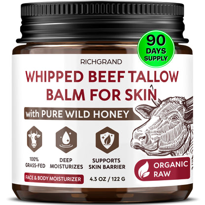 RICHGRAND Beef Tallow for Skin - Whipped Tallow and Honey Balm - Grass Fed Beef Tallow for Face, Daily Moisturizer & Body Butter - Natural Non Comedogenic Skincare (4.3 oz) RICHGRAND